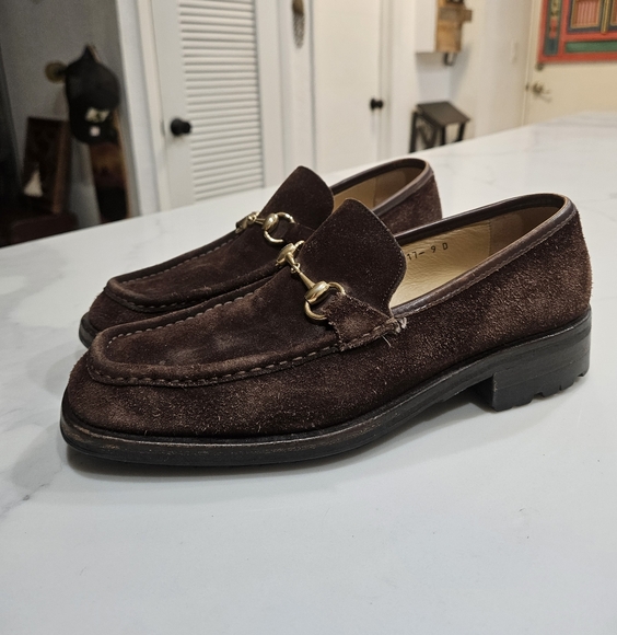 Vintage GUCCI Men's Brown Suede Horsebit Loafers - Vibram Lug Sole - Size 9 D - Picture 1 of 12